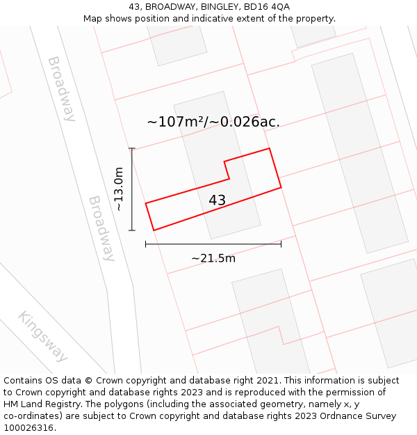 43, BROADWAY, BINGLEY, BD16 4QA: Plot and title map