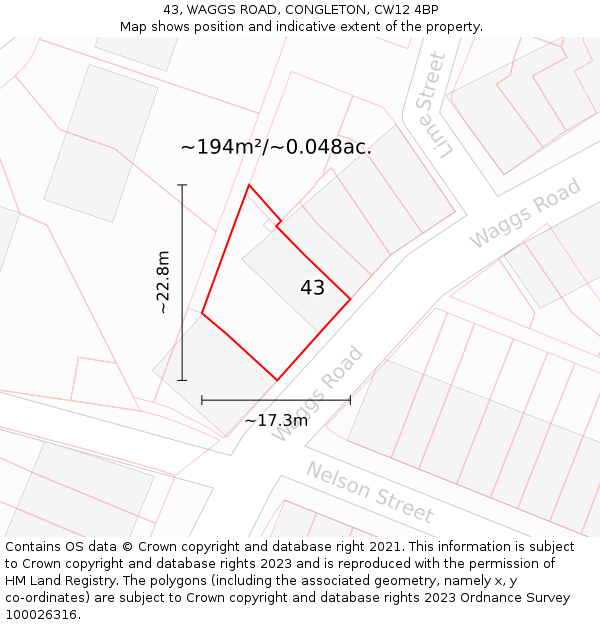 43, WAGGS ROAD, CONGLETON, CW12 4BP: Plot and title map