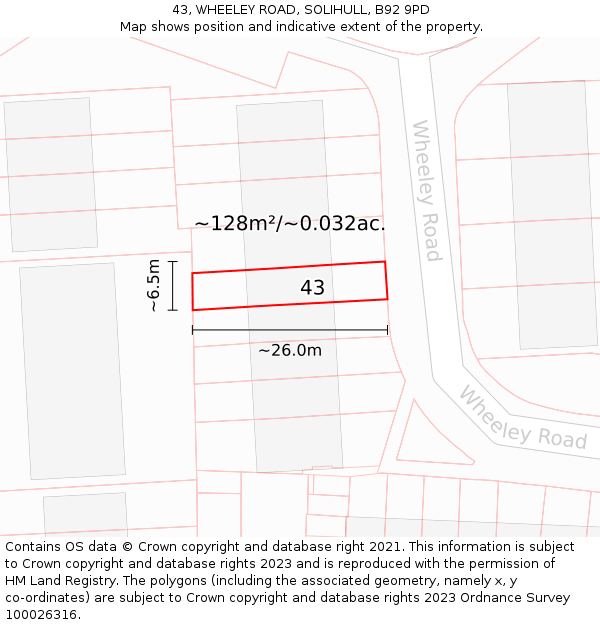 43, WHEELEY ROAD, SOLIHULL, B92 9PD: Plot and title map