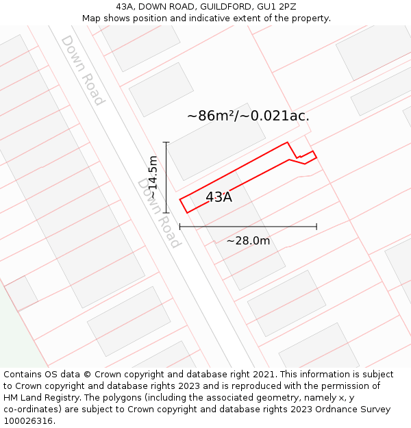 43A, DOWN ROAD, GUILDFORD, GU1 2PZ: Plot and title map