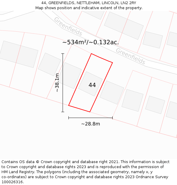 44, GREENFIELDS, NETTLEHAM, LINCOLN, LN2 2RY: Plot and title map