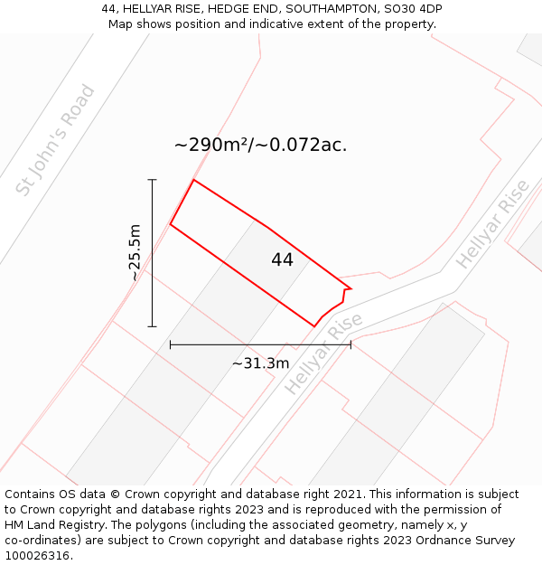 44, HELLYAR RISE, HEDGE END, SOUTHAMPTON, SO30 4DP: Plot and title map