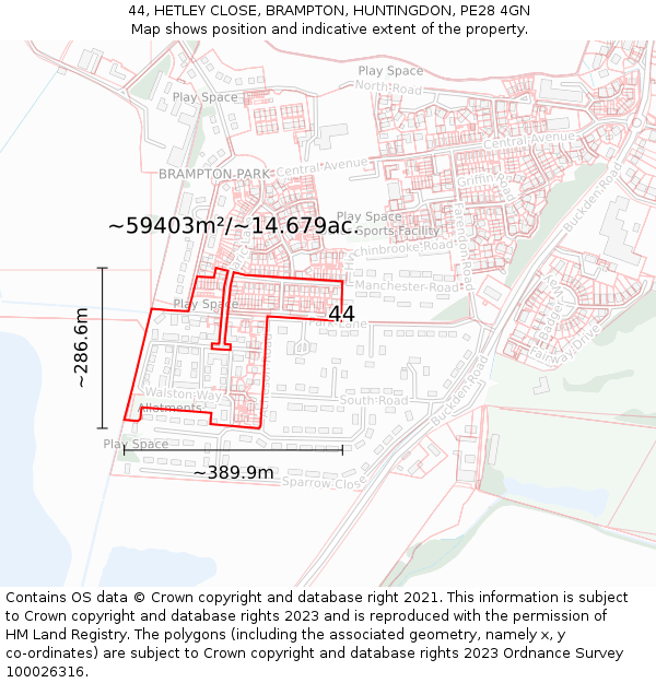 44, HETLEY CLOSE, BRAMPTON, HUNTINGDON, PE28 4GN: Plot and title map
