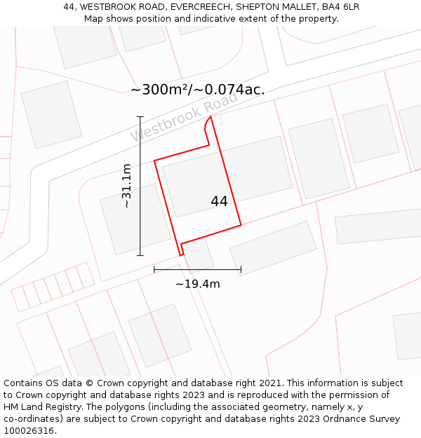 44, WESTBROOK ROAD, EVERCREECH, SHEPTON MALLET, BA4 6LR: Plot and title map