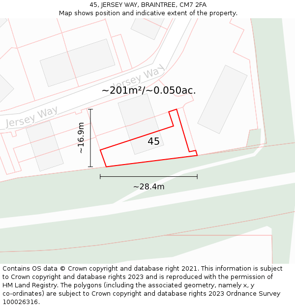 45, JERSEY WAY, BRAINTREE, CM7 2FA: Plot and title map