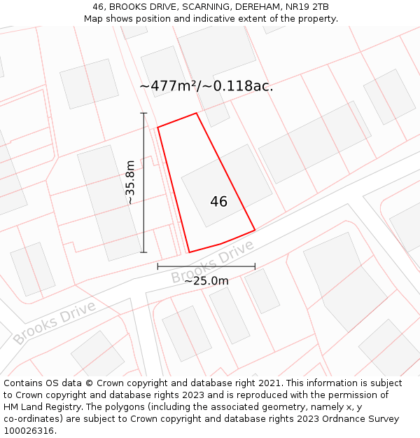 46, BROOKS DRIVE, SCARNING, DEREHAM, NR19 2TB: Plot and title map