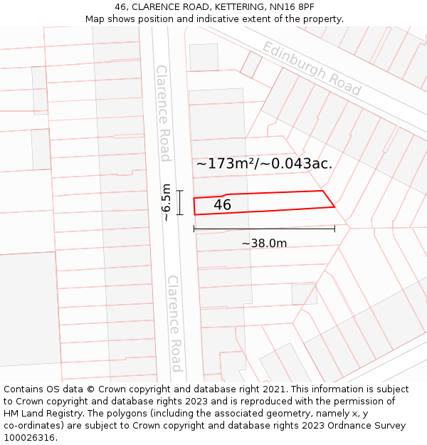46, CLARENCE ROAD, KETTERING, NN16 8PF: Plot and title map
