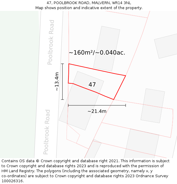 47, POOLBROOK ROAD, MALVERN, WR14 3NL: Plot and title map