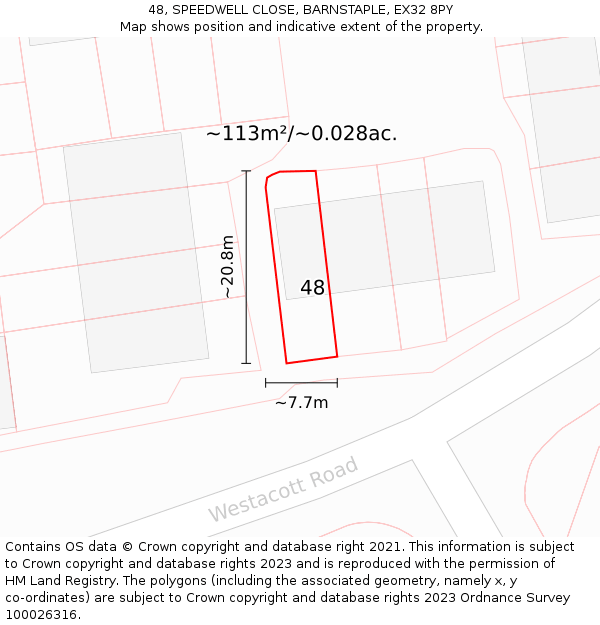 48, SPEEDWELL CLOSE, BARNSTAPLE, EX32 8PY: Plot and title map