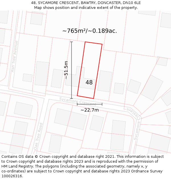 48, SYCAMORE CRESCENT, BAWTRY, DONCASTER, DN10 6LE: Plot and title map
