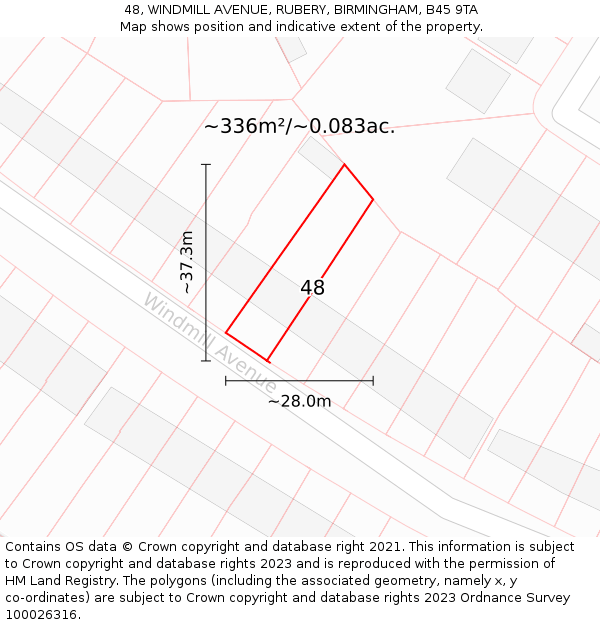 48, WINDMILL AVENUE, RUBERY, BIRMINGHAM, B45 9TA: Plot and title map
