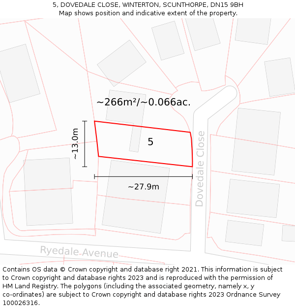5, DOVEDALE CLOSE, WINTERTON, SCUNTHORPE, DN15 9BH: Plot and title map