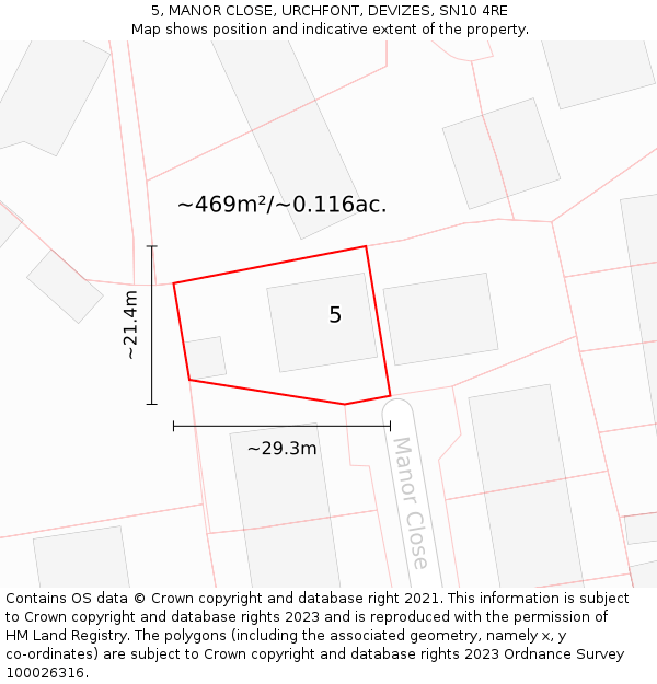 5, MANOR CLOSE, URCHFONT, DEVIZES, SN10 4RE: Plot and title map