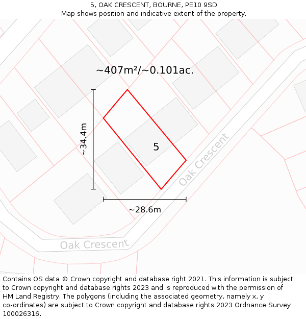5, OAK CRESCENT, BOURNE, PE10 9SD: Plot and title map