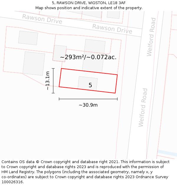 5, RAWSON DRIVE, WIGSTON, LE18 3AF: Plot and title map