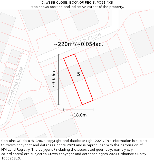 5, WEBB CLOSE, BOGNOR REGIS, PO21 4XB: Plot and title map