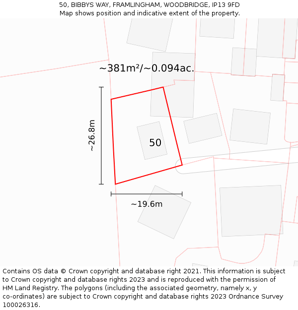 50, BIBBYS WAY, FRAMLINGHAM, WOODBRIDGE, IP13 9FD: Plot and title map