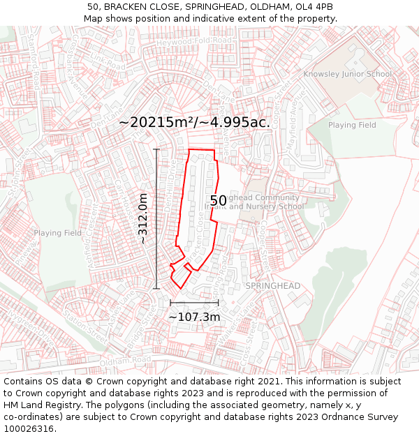 50, BRACKEN CLOSE, SPRINGHEAD, OLDHAM, OL4 4PB: Plot and title map