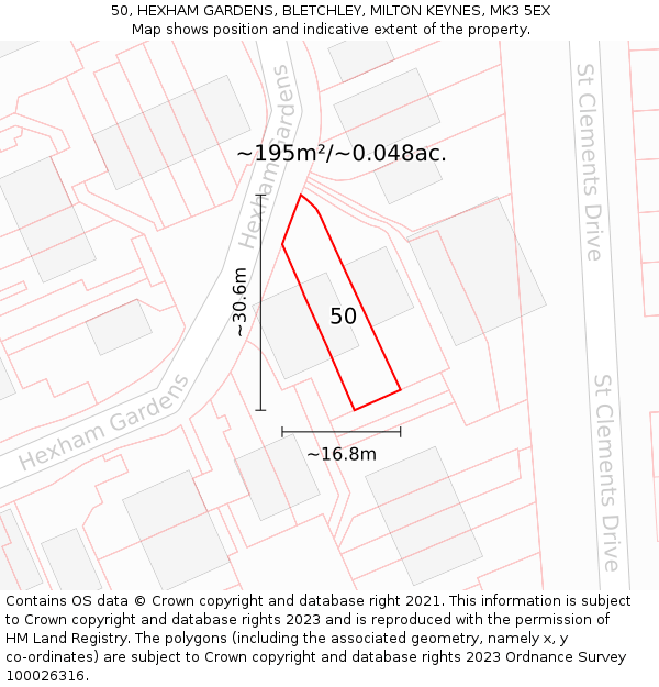 50, HEXHAM GARDENS, BLETCHLEY, MILTON KEYNES, MK3 5EX: Plot and title map