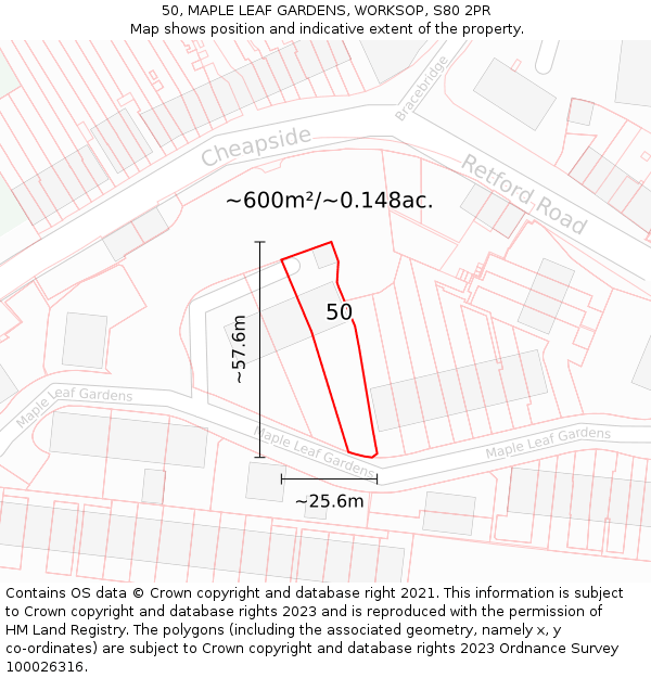 50, MAPLE LEAF GARDENS, WORKSOP, S80 2PR: Plot and title map