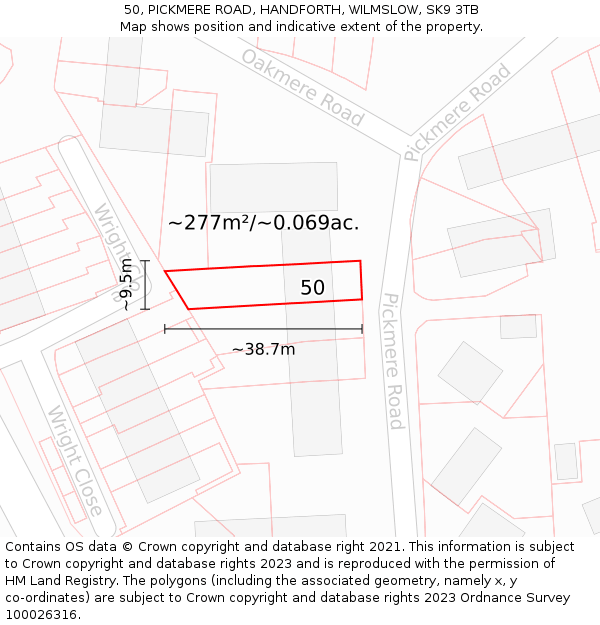 50, PICKMERE ROAD, HANDFORTH, WILMSLOW, SK9 3TB: Plot and title map