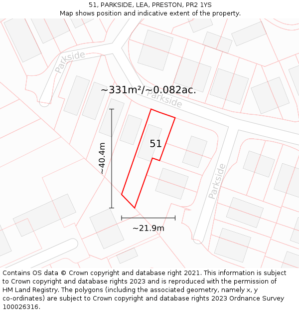 51, PARKSIDE, LEA, PRESTON, PR2 1YS: Plot and title map