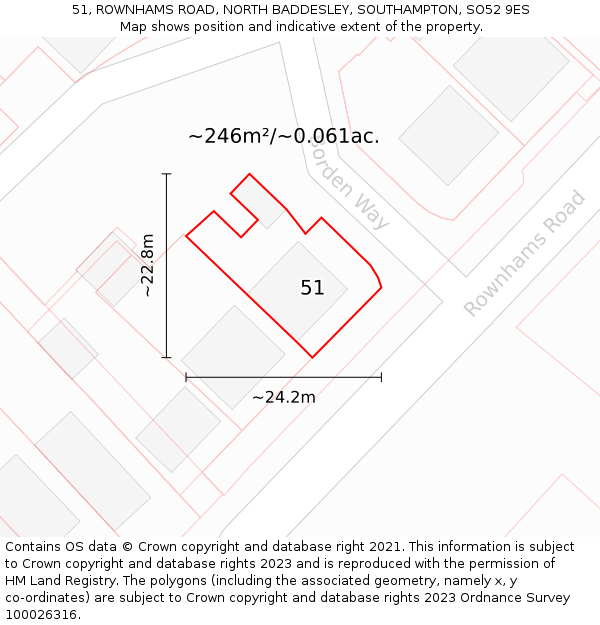 51, ROWNHAMS ROAD, NORTH BADDESLEY, SOUTHAMPTON, SO52 9ES: Plot and title map