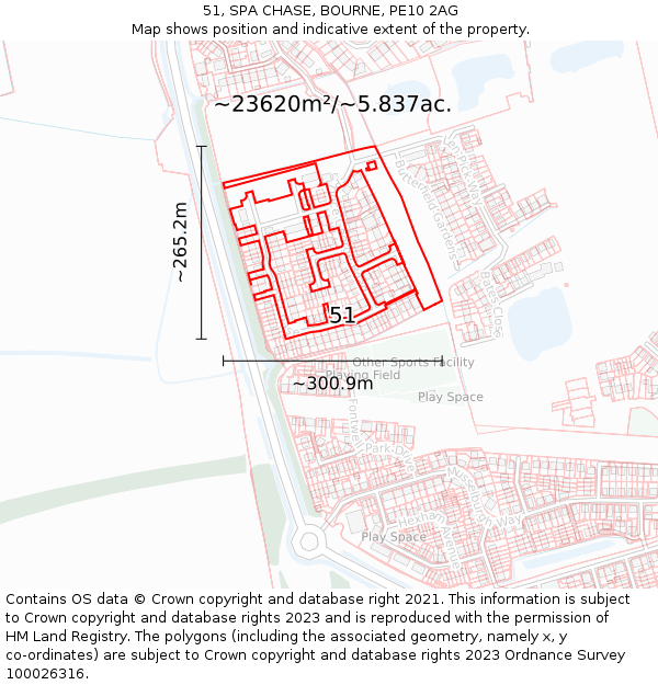 51, SPA CHASE, BOURNE, PE10 2AG: Plot and title map