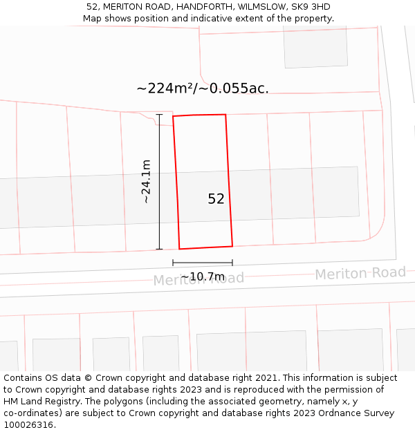 52, MERITON ROAD, HANDFORTH, WILMSLOW, SK9 3HD: Plot and title map