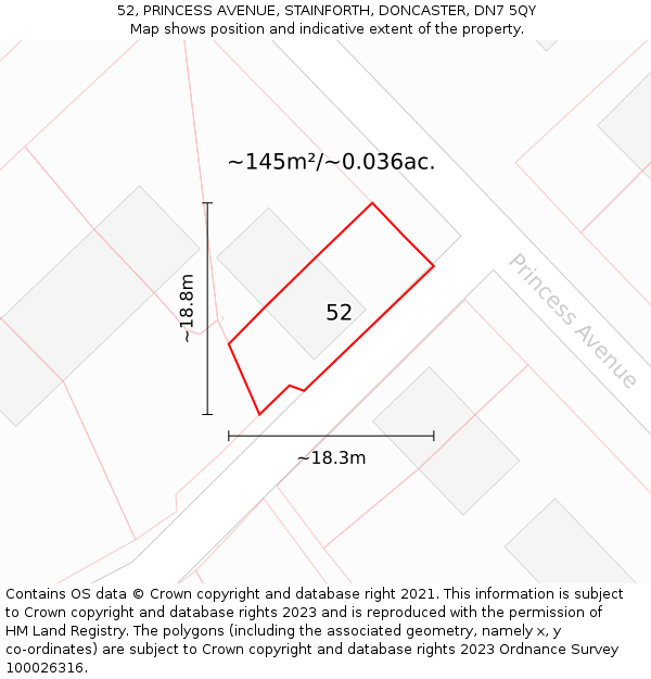 52, PRINCESS AVENUE, STAINFORTH, DONCASTER, DN7 5QY: Plot and title map