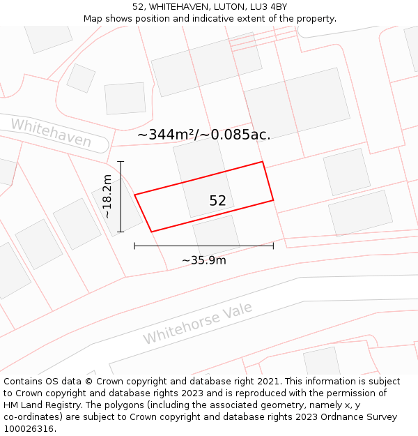 52, WHITEHAVEN, LUTON, LU3 4BY: Plot and title map