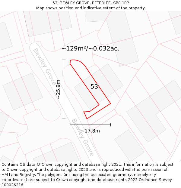 53, BEWLEY GROVE, PETERLEE, SR8 1PP: Plot and title map