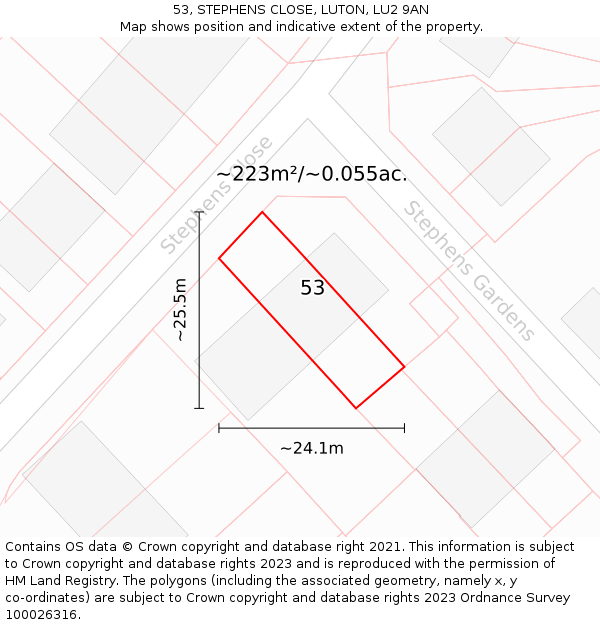 53, STEPHENS CLOSE, LUTON, LU2 9AN: Plot and title map