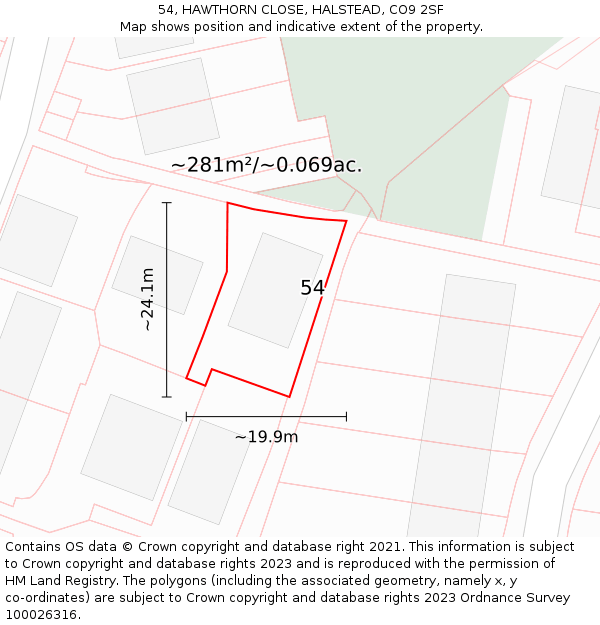 54, HAWTHORN CLOSE, HALSTEAD, CO9 2SF: Plot and title map