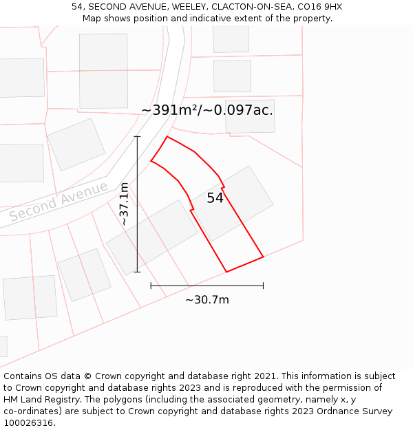 54, SECOND AVENUE, WEELEY, CLACTON-ON-SEA, CO16 9HX: Plot and title map