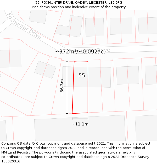 55, FOXHUNTER DRIVE, OADBY, LEICESTER, LE2 5FG: Plot and title map