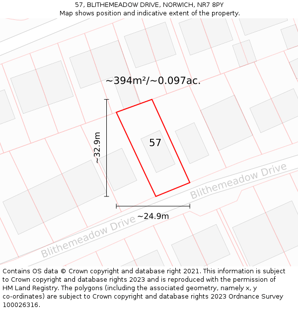 57, BLITHEMEADOW DRIVE, NORWICH, NR7 8PY: Plot and title map
