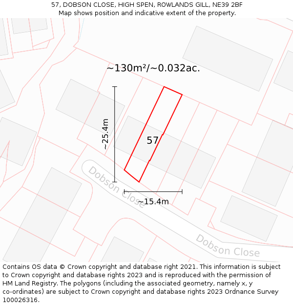 57, DOBSON CLOSE, HIGH SPEN, ROWLANDS GILL, NE39 2BF: Plot and title map