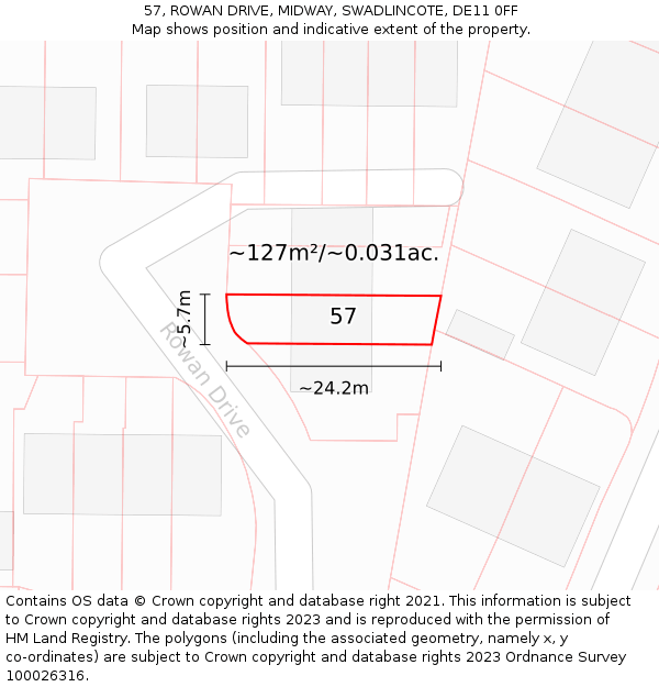 57, ROWAN DRIVE, MIDWAY, SWADLINCOTE, DE11 0FF: Plot and title map