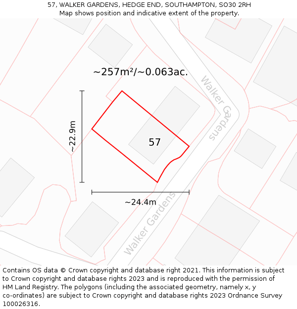 57, WALKER GARDENS, HEDGE END, SOUTHAMPTON, SO30 2RH: Plot and title map