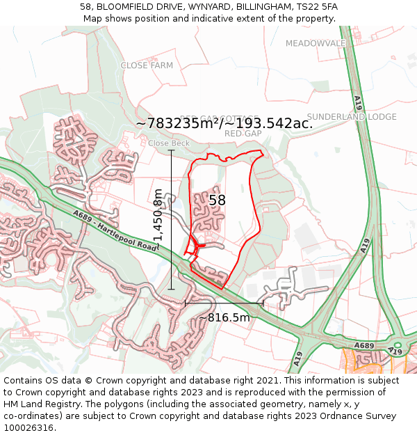58, BLOOMFIELD DRIVE, WYNYARD, BILLINGHAM, TS22 5FA: Plot and title map