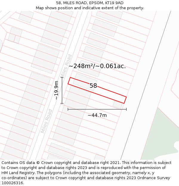 58, MILES ROAD, EPSOM, KT19 9AD: Plot and title map