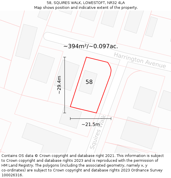 58, SQUIRES WALK, LOWESTOFT, NR32 4LA: Plot and title map