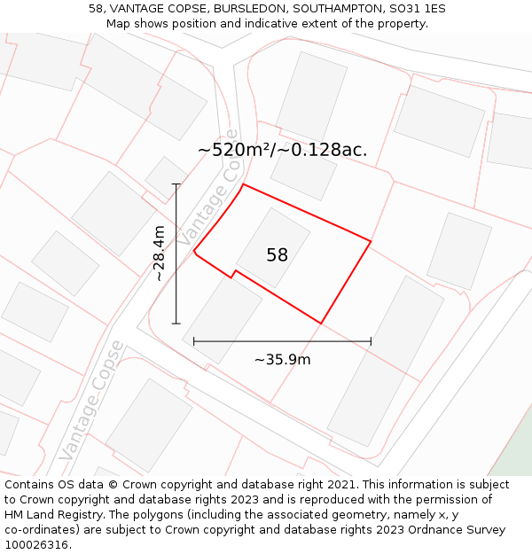 58, VANTAGE COPSE, BURSLEDON, SOUTHAMPTON, SO31 1ES: Plot and title map