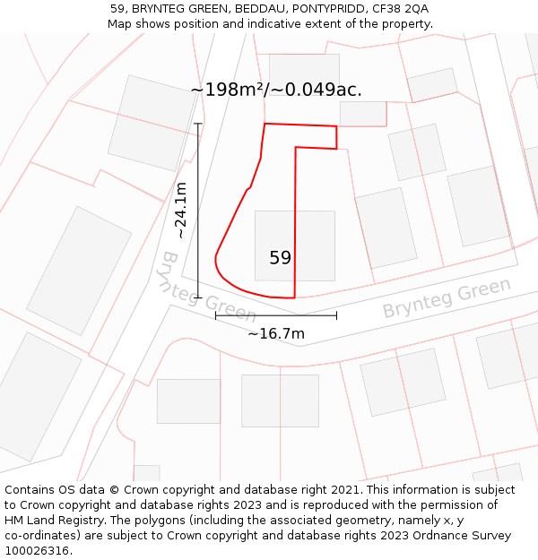 59, BRYNTEG GREEN, BEDDAU, PONTYPRIDD, CF38 2QA: Plot and title map