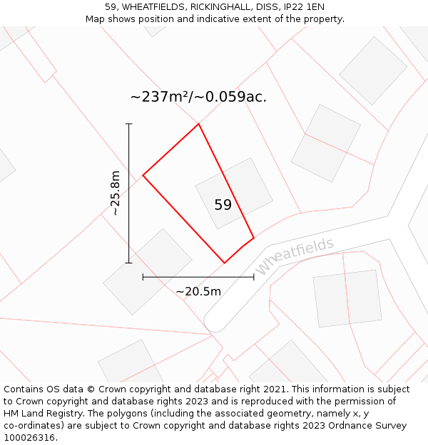 59, WHEATFIELDS, RICKINGHALL, DISS, IP22 1EN: Plot and title map
