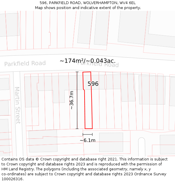 596, PARKFIELD ROAD, WOLVERHAMPTON, WV4 6EL: Plot and title map
