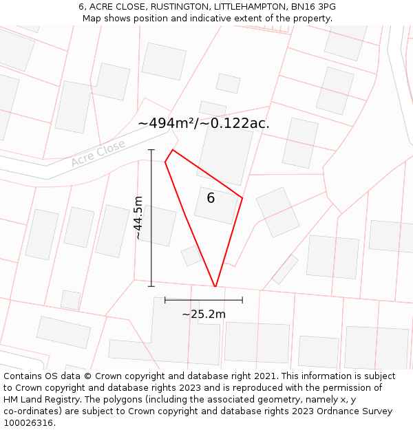 6, ACRE CLOSE, RUSTINGTON, LITTLEHAMPTON, BN16 3PG: Plot and title map
