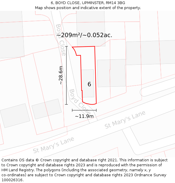 6, BOYD CLOSE, UPMINSTER, RM14 3BG: Plot and title map