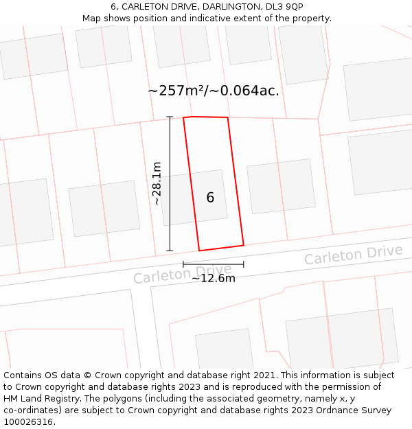 6, CARLETON DRIVE, DARLINGTON, DL3 9QP: Plot and title map